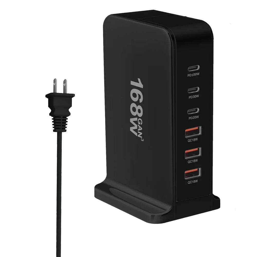 Multi-port USB charging station with ’168W’ branding and a power cord.