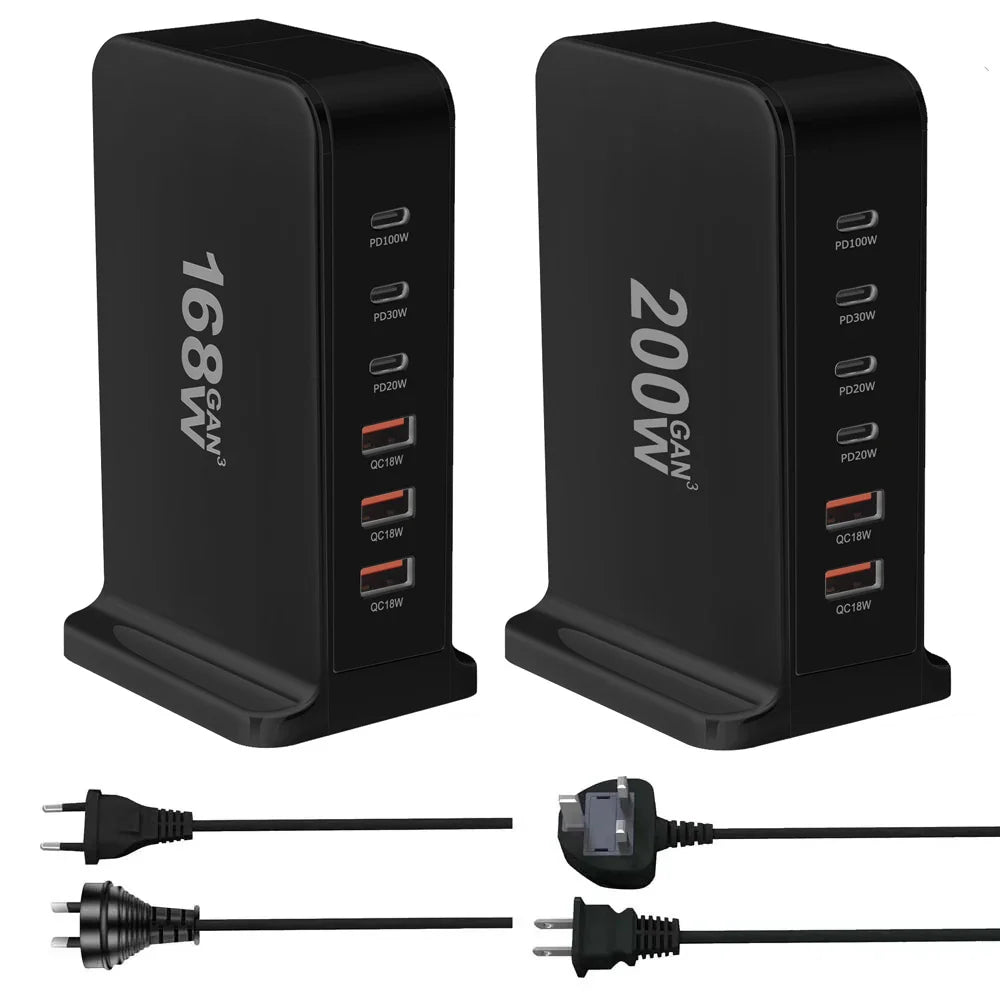 Multi-port USB charging station with different power outputs.