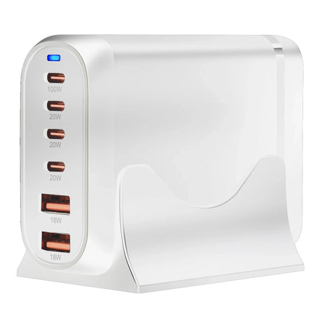 Multi-port USB charging station with various power outputs.