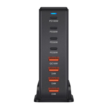 Multi-port USB charging station with various power delivery and quick charge options.