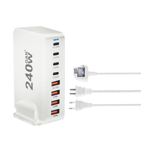 Multi-port USB charging station with various power outputs and interchangeable plugs.