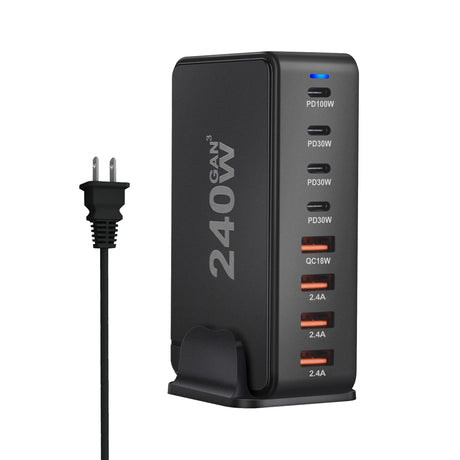 Multi-port USB charging station with various power output options and a power cord.