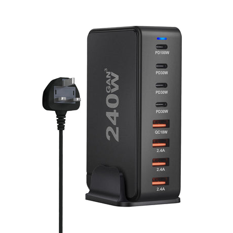 Multi-port USB charging station with various power outputs and a UK plug.