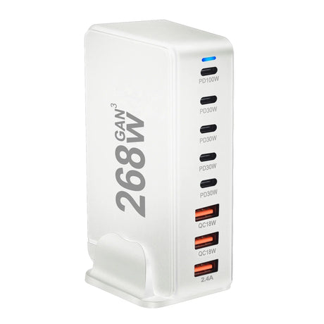 Multi-port USB charging station with various power outputs labeled on its white casing.