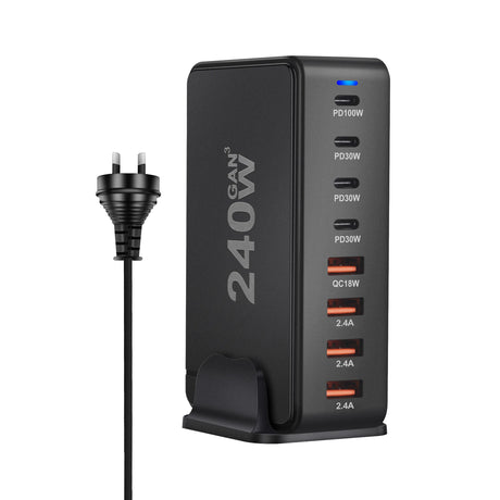 Multi-port USB charging station with power delivery capabilities.