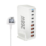 Multi-port USB charging station with various power outputs and a detachable power plug.