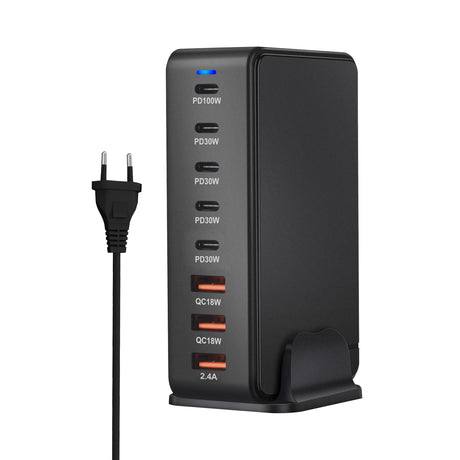 Multi-port USB charging station with various power delivery and quick charge options.