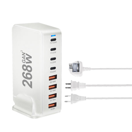 Multi-port USB charging station with various power outputs and interchangeable plugs.