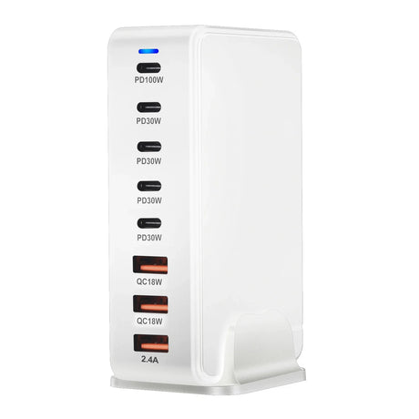 Multi-port USB charging station with various power outputs labeled on each port.