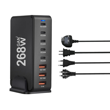 Multi-port USB charging station with various power output options and interchangeable plug adapters.