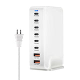 Multi-port USB charging station with various power outputs and a power cord.