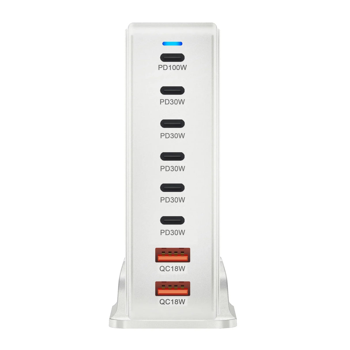 Multi-port USB charging station with various power delivery and quick charge options.