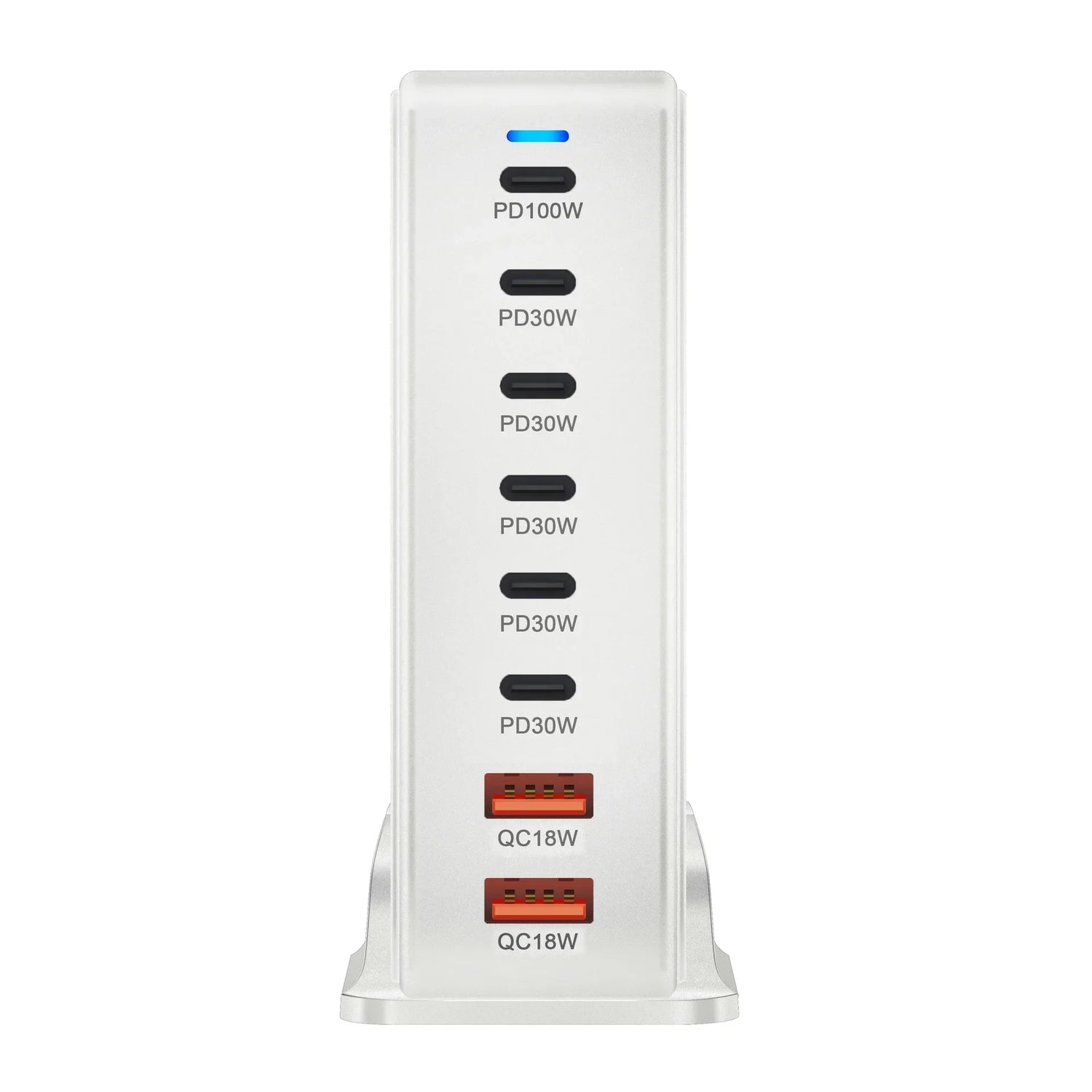Multi-port USB charging station with various power delivery and quick charge options.