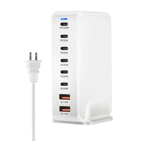 Multi-port USB charging station with various power outputs and a power cord.