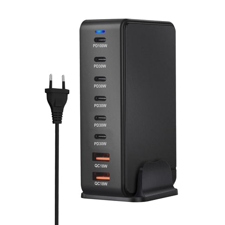 Multi-port USB charging station with various power outputs and a power cord.