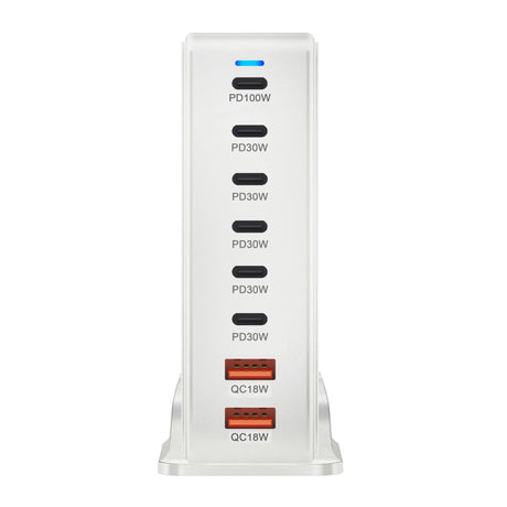 Multi-port USB charging station with various power delivery and quick charge options.