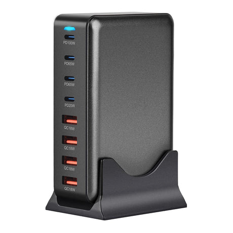 Multi-port USB charging station with various power outputs.