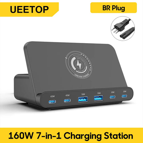 Multi-port USB charging station with wireless charging capability on top.