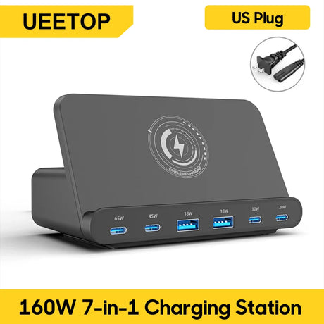 Multi-port USB charging station with wireless charging pad on top.