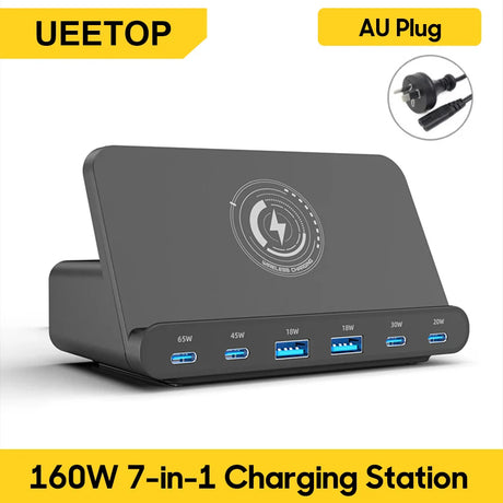 Multi-port USB charging station with wireless charging capability on top.