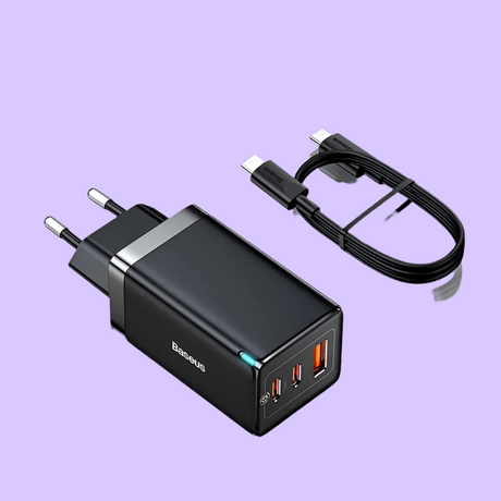 Multi-port USB wall charger with an attached charging cable.