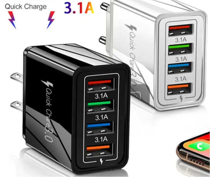 Multi-port USB wall charger with quick charge capability and 3.1A output per port.