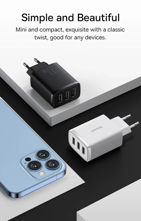 Multi-port USB wall chargers in black and white alongside a blue smartphone.