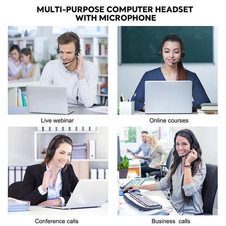 Multi-purpose computer headset with microphone for various professional communication scenarios.