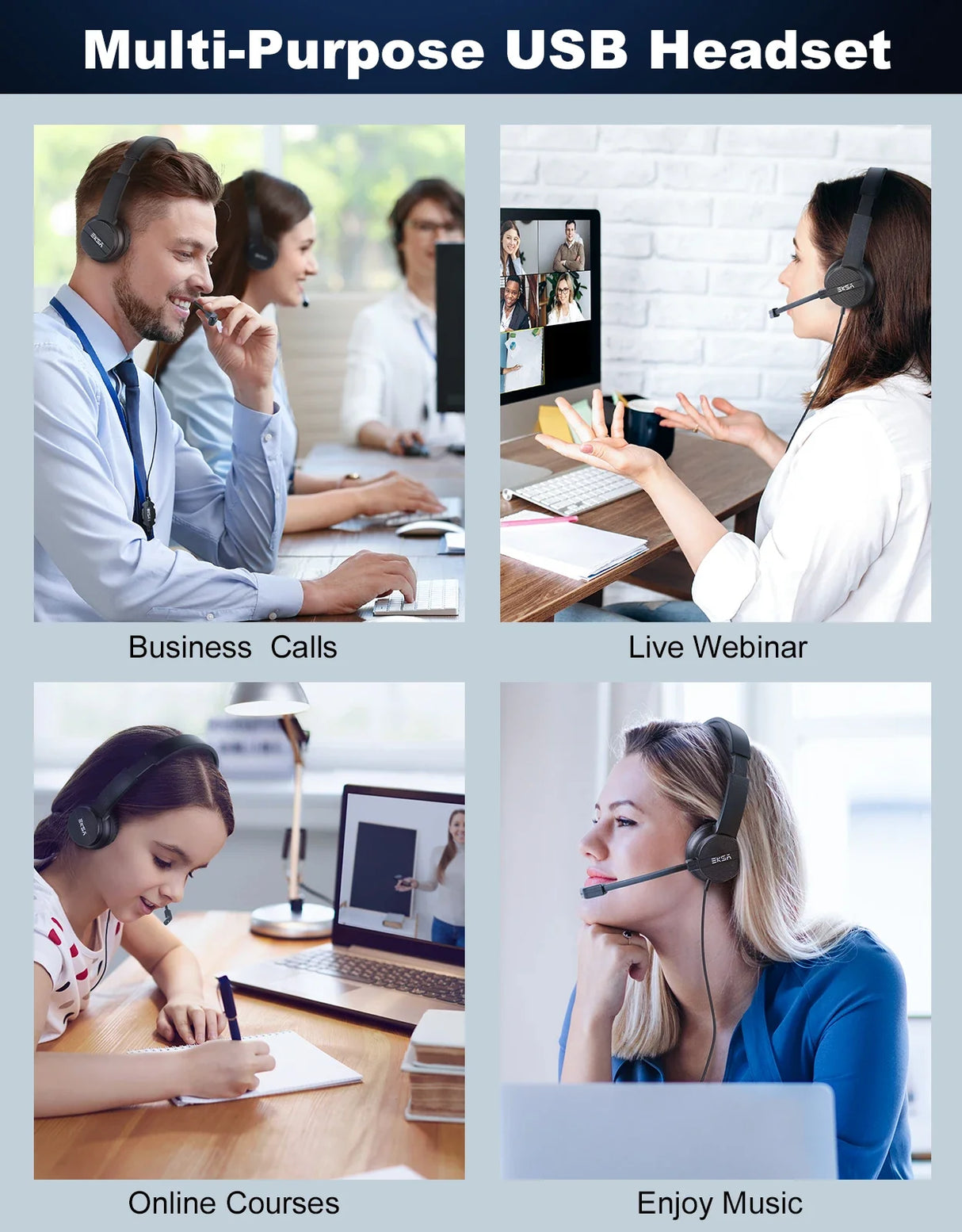 Multi-purpose USB headset shown in various usage scenarios for business calls, live webinars, online courses, and enjoying music.