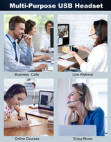 Multi-purpose USB headset shown in various usage scenarios for business calls, live webinars, online courses, and enjoying music.