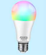 Multicolored smart LED light bulb with a standard screw base.