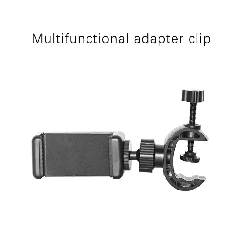 Multifunctional adapter clip with a smartphone holder and adjustable clamp mechanism.