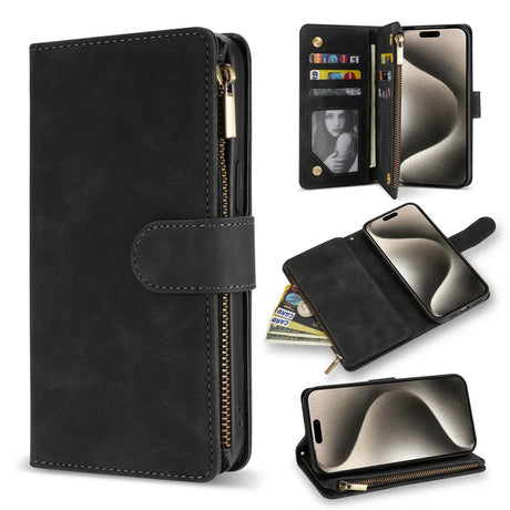 Multifunctional black leather wallet case for a smartphone with card slots and zipper compartment.