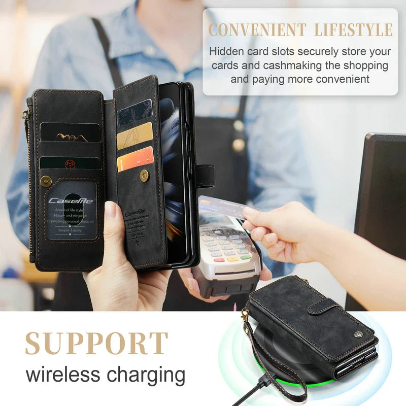 Multifunctional leather wallet with card slots and wireless charging capability.