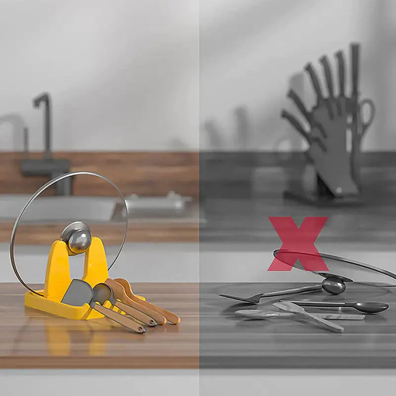 there are two pictures of a kitchen counter with a knife holder and a knife