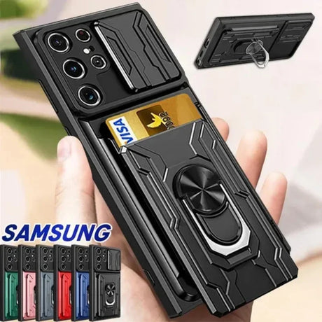 Multifunctional smartphone case with built-in card holder and ring stand.