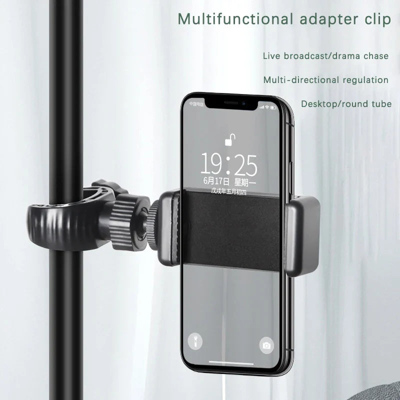 Multifunctional smartphone holder clip attached to a pole or rod.