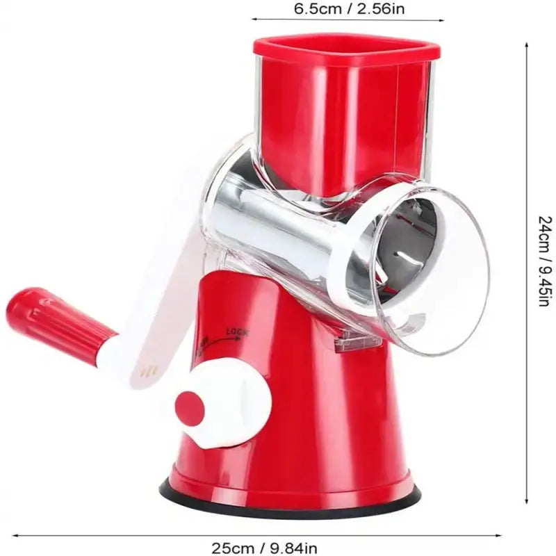 a red juicer with a white lid