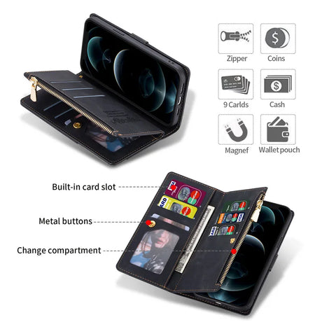 Multifunctional wallet case for a smartphone with card slots and compartments.