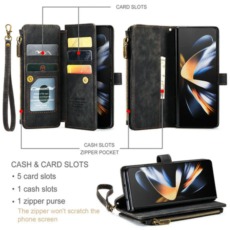 Multifunctional wallet case for a smartphone with card slots, cash pocket, and zipper compartment.