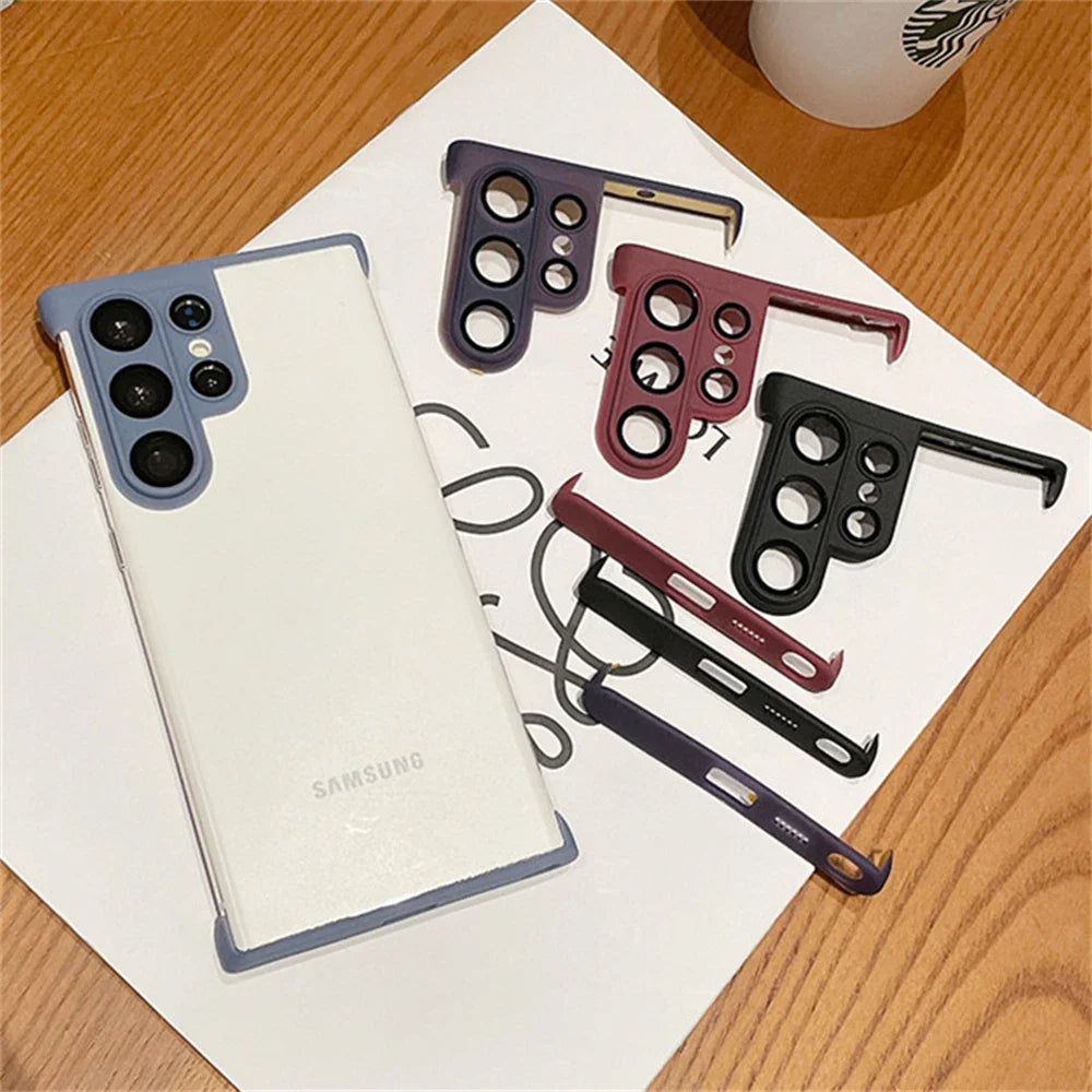 Multiple colored camera lens protectors for a Samsung phone.