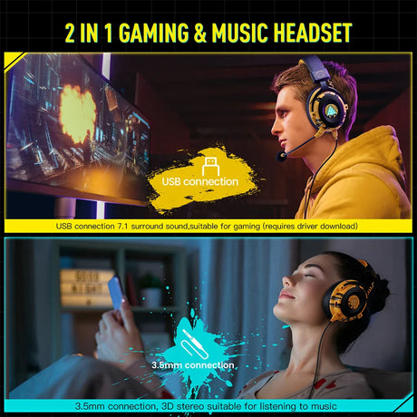 Gaming and music headset with dual functionality for USB and 3.5mm connections.