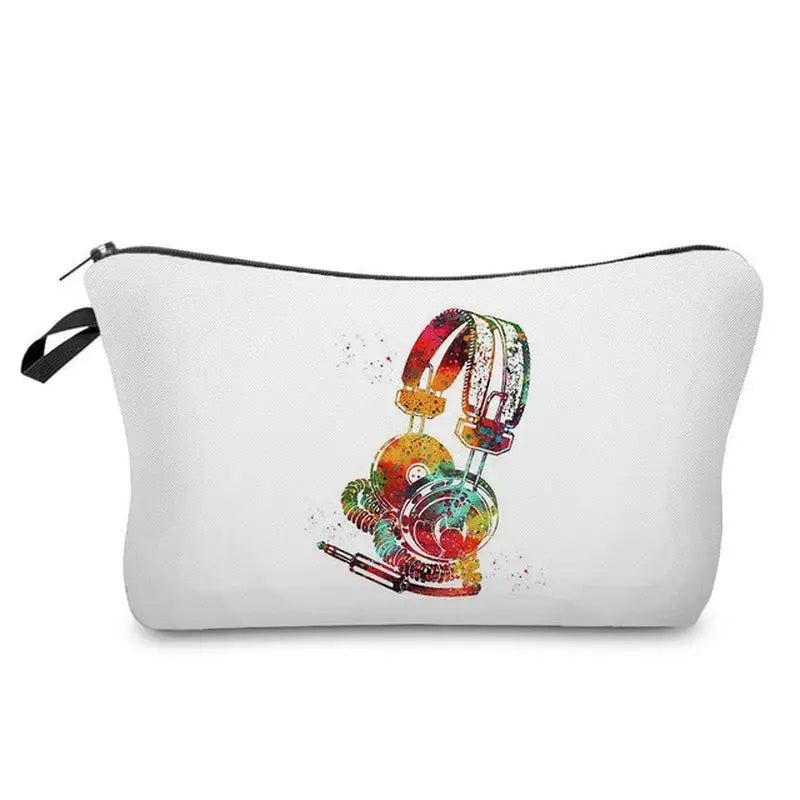 a white cosmetic bag with a colorful watercolor painting of a headphone