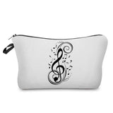 a white zipper bag with a black treble and music notes