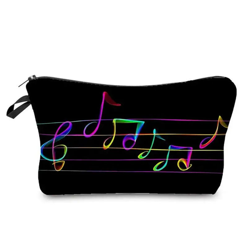 a black cosmetic bag with a colorful music note on it