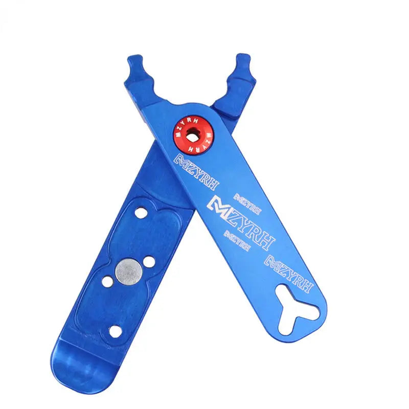 a blue pliers with a red button