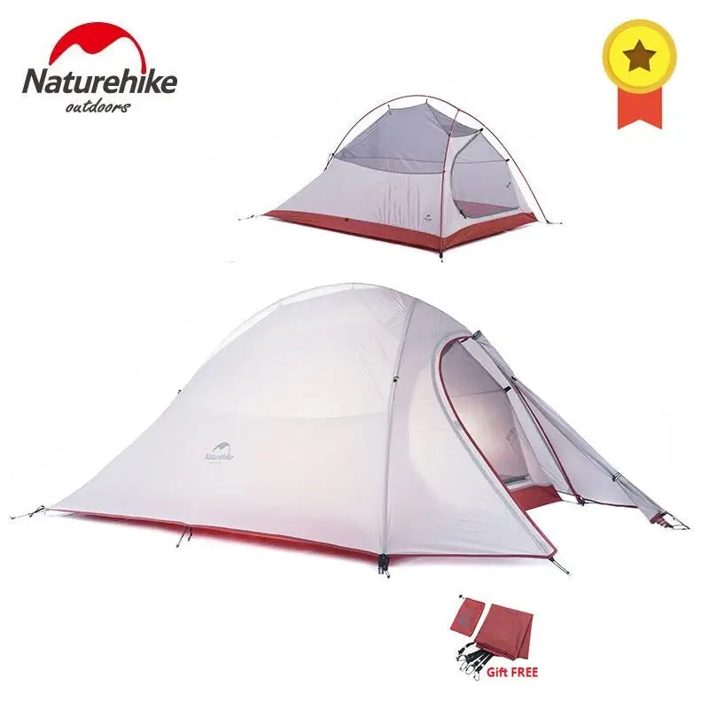 a close up of a tent with a red and white tent