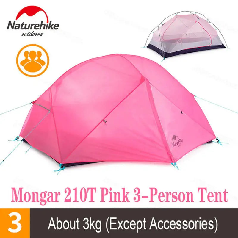 a pink tent with the words mor011 pk3 person tent