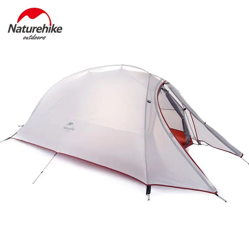 a close up of a tent with a red and white tent