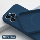 the navy blue iphone case is shown with the logo on it